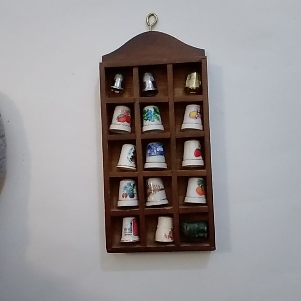 Thimble Display Case Lovely Wooden Unique Well Made Collective Ceramic 16 Pc VTG